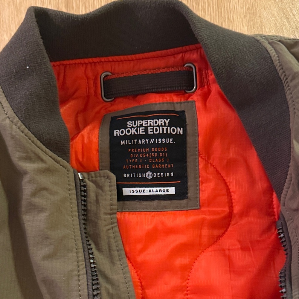 Superdry Olive Green Bomber Jacket with Orange Lining - Picture 2 of 4